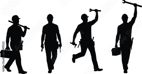 Set of four repairman silhouettes with tools, a vector collection of a worker, handyman, or plumber for construction, maintenance, and service industry designs.