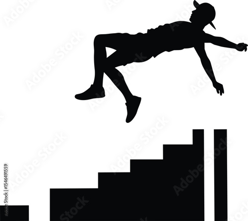 Silhouette of a man falling down abstract stairs, a conceptual vector illustration about failure, risk, mistakes, personal challenges, and overcoming life's obstacles.