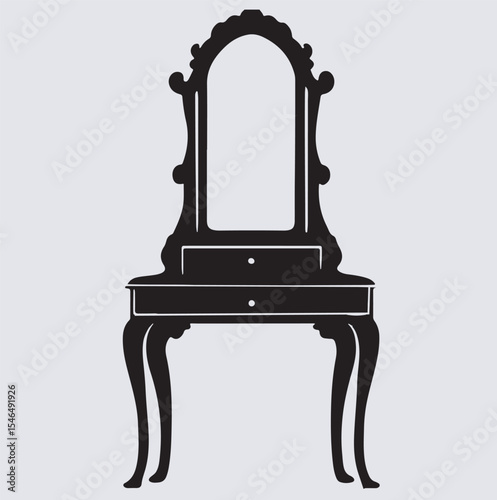 dressing table silhouette vector art illustration, illustration of a chair with a mirror, vintage dressing table