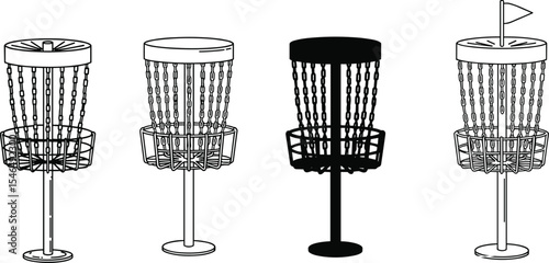 A versatile vector collection of four disc golf basket icons, showing line art, silhouette, and flagged styles for sports, park, and recreation design.