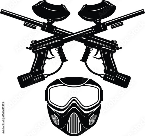 Paintball gear vector, mask and guns, tactical equipment design, combat sport illustration, protective gear icon, modern paintball elements, action game accessory, black silhouette graphic