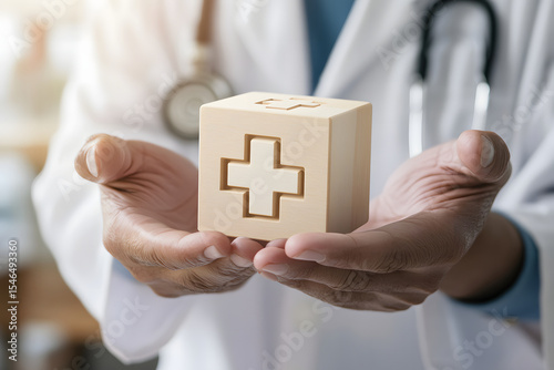 A doctor holds a piece of wood with a medical cross carved into it. Healthcare concept. Health insurance concept.