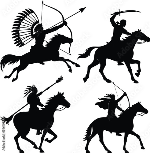"Native American Warriors on Horseback with Bows - Silhouette Vector Illustration"