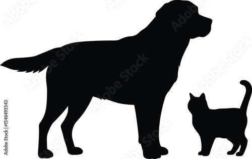 Dog and cat silhouette, pet companionship, animal friendship art, black and white vector, domestic pets design, loyal dog, curious cat, emotional pet scene