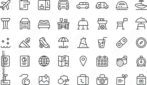 Travel Icons Set Black Line Art Graphic Design Elements Collection Airplane Car Van Boat Bed Passport Map Camera