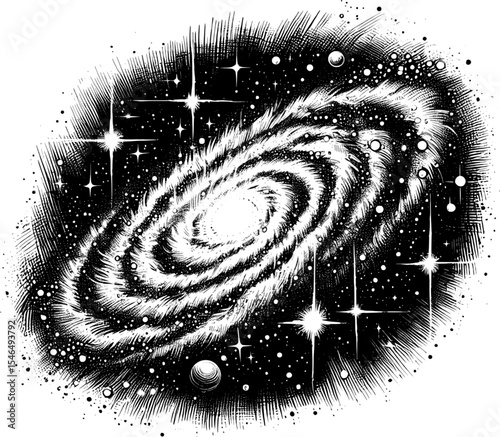 Whispers of the Universe: A Pencil Galaxy galaxy vintage linework ink sketch hand drawn pen drawing vector illustration background