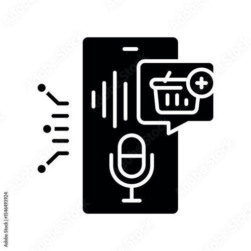 Voice shopping assistant black flat icon for digital and print projects.
