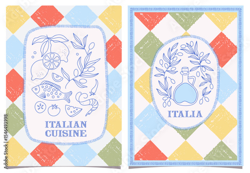 Set of Italian cuisine cards, olives oil, olives branch, fish, lemon, shrimp, mosaic, textured  hand drawn elements, frames, decoration, vertical creative vector illustration