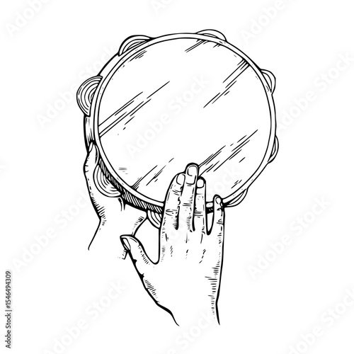 Playing a tambourine, isolated on white background
