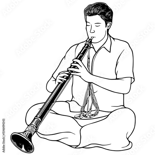 Man playing a traditional flute isolated on white background