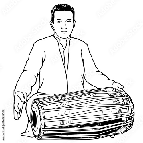 Man playing a traditional tabla isolated on white background