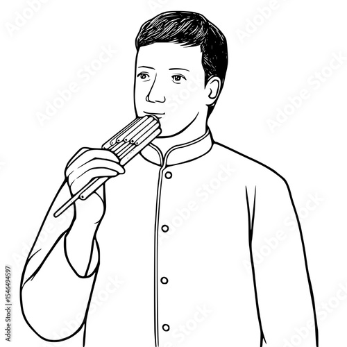 Man playing panpipes isolated on white background