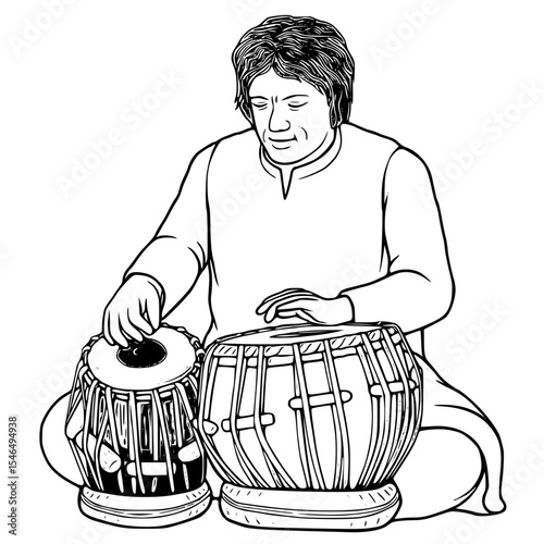 Man playing a traditional tabla isolated on white background
