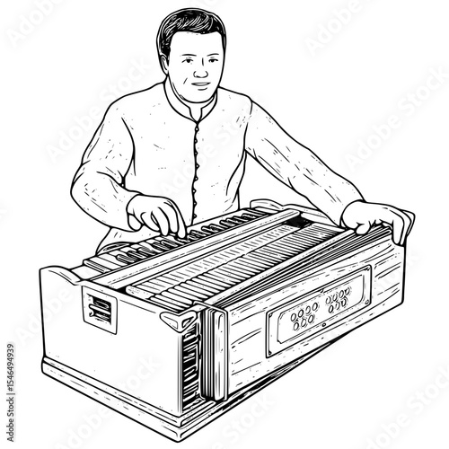 Man playing a harmonium isolated on white background