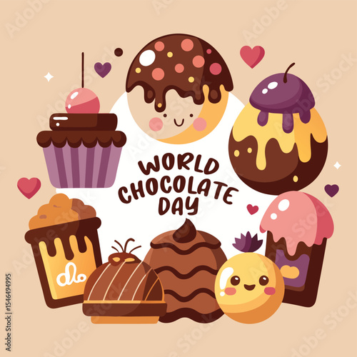 world chocolate day with a variety of happy cartoon chocolate desserts delightful sweet treats celebration yummy confectionery illustration