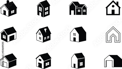 Black and White Isometric House Icons Simple Home Building Symbols Real Estate Graphics