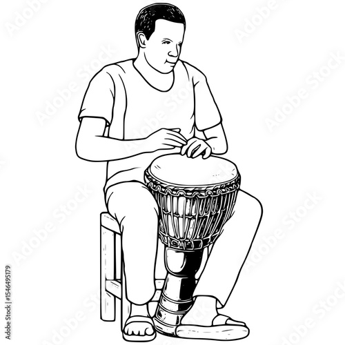 Man playing a djembe drum isolated on white background