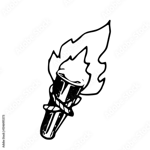 Isolated black and white illustration of a burning torch