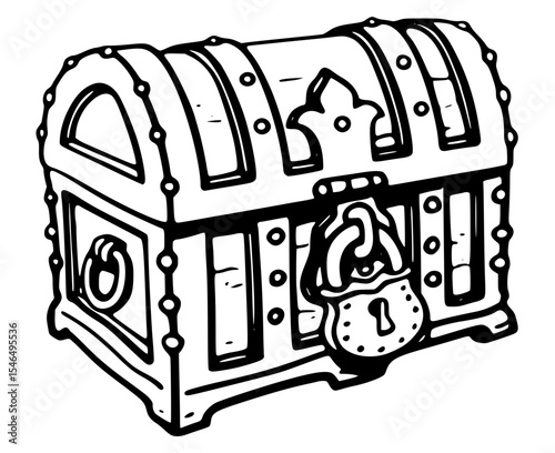 Locked wooden treasure chest isolated on white background