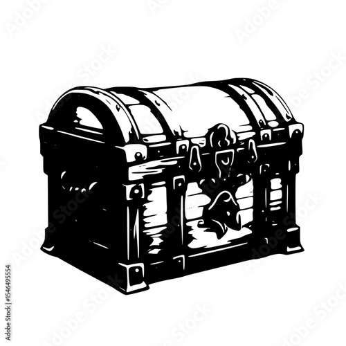 A closed wooden treasure chest isolated on white background