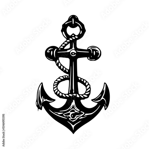 Isolated nautical anchor with rope on white background