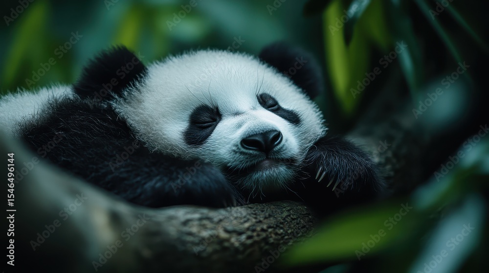 Obraz premium A cute panda cub is sleeping soundly on a tree branch amidst vibrant greenery, capturing the essence of calmness and serenity in nature's embrace.