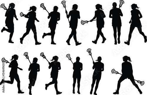 Lacrosse player silhouette, action sports illustration, competitive game concept, athletic movement art, team sport design, dynamic figure poses, lacrosse stick motion, bold graphic element