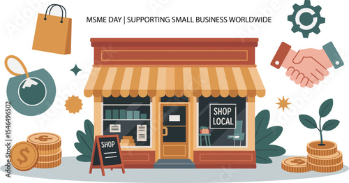 A small shop with a "Shop Local" sign, promoting support for small businesses. Surrounding the shop are icons of shopping bags, coins, a handshake, a gear, a plant, and a sandwich board