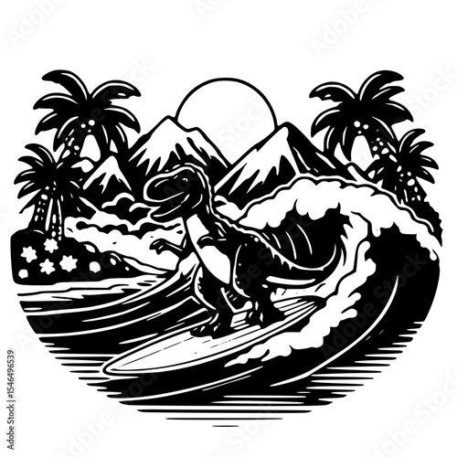 A trex surfs a large wave in a tropical setting
