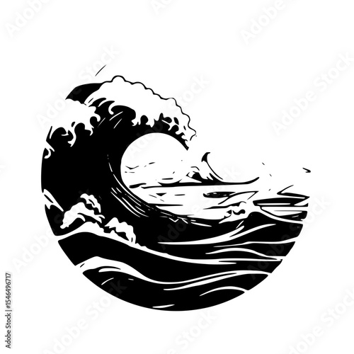 A large wave crashes in a circular monochrome graphic
