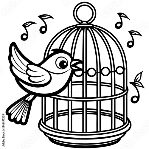 Bird sings in a cage with music notes isolated on white background