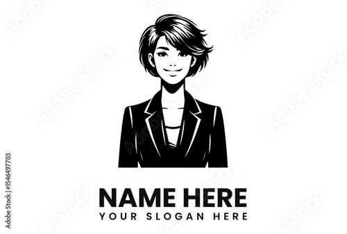Illustration of a smiling woman in a business suit, with short hair, presented in black and white.