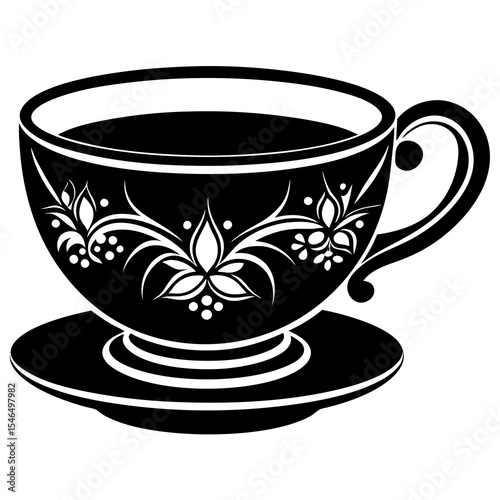 Ornate tea cup with floral design isolated on white background