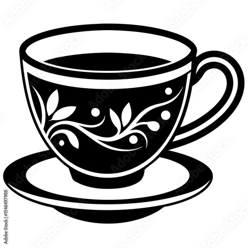 Ornate tea cup with floral design isolated on white background