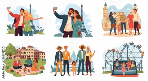 Couples and families traveling to European landmarks – tourist scenes in Paris, London, and Rome with sightseeing and photography.