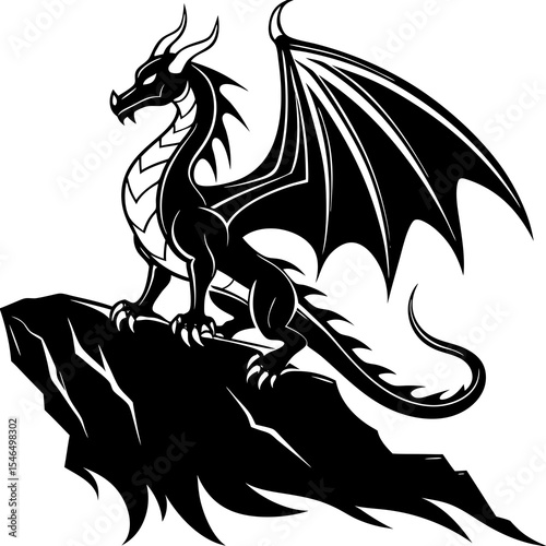 Dragon perched on a rocky cliff isolated on white background