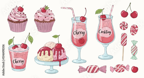Cupcakes and Sweet Drinks – Dessert and Beverage Set with Cherry and Cocktail Glasses