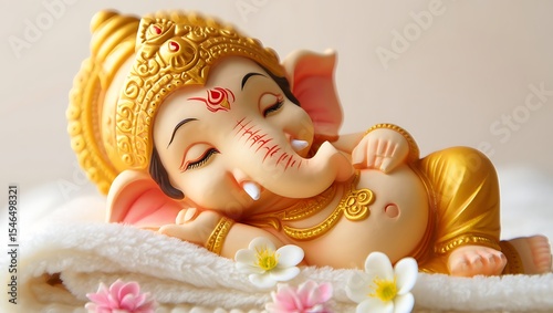 Adorable golden statue of lord ganesha resting peacefully on a soft white blanket