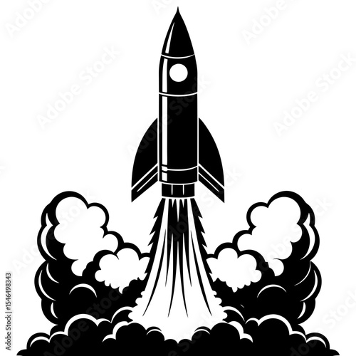 Rocket launching with smoke isolated on white background