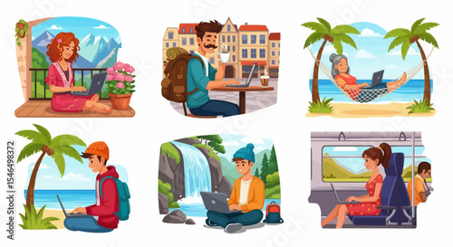Man Working on Laptop While Traveling – Digital Nomad in Europe Vector
