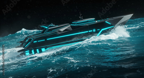 Futuristic Black Yacht with Neon Blue Lights Sailing Through Dark Ocean Waves at Night
