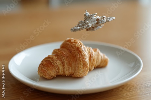 Spaceship hovering over a croissant on a plate