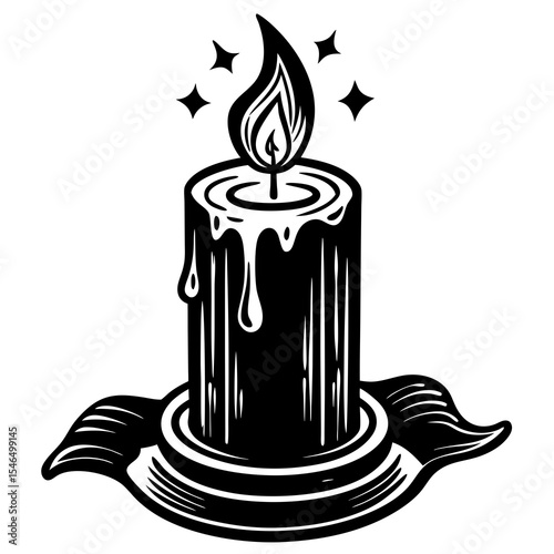 Burning candle with dripping wax isolated on white background