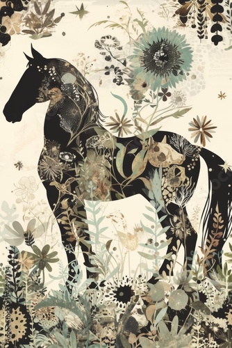 illustration of animal in vintage boho style. horse on background of plants and flowers. botanical drawing style. Postcard. notebook cover, print concept. scrapbooking wallpapers. digital art