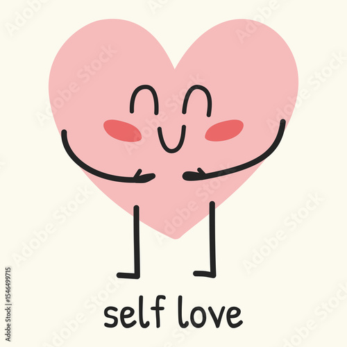 Hand drawn heart character hugging itself, symbolizing self love and care.