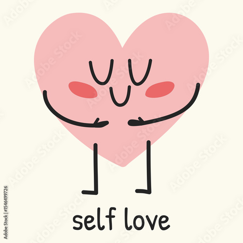 Hand drawn heart character hugging itself, symbolizing self love and care.