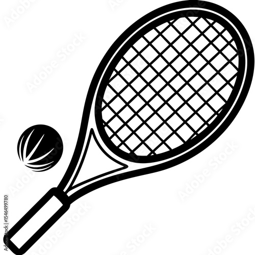 Tennis racket and ball in black and white