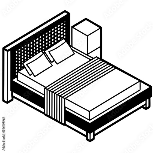 Isometric bed with pillows and nightstand isolated on white background