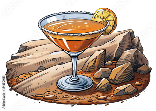 vector of cocktail with sugar rim and orange peel garnish in coupe glass on white isolated background