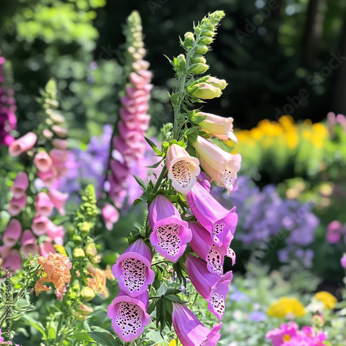 Close-Up View of Vibrant Pink and Purple Foxglove Flowers in Bloom with Detailed Petals and Natural Garden Background. photo